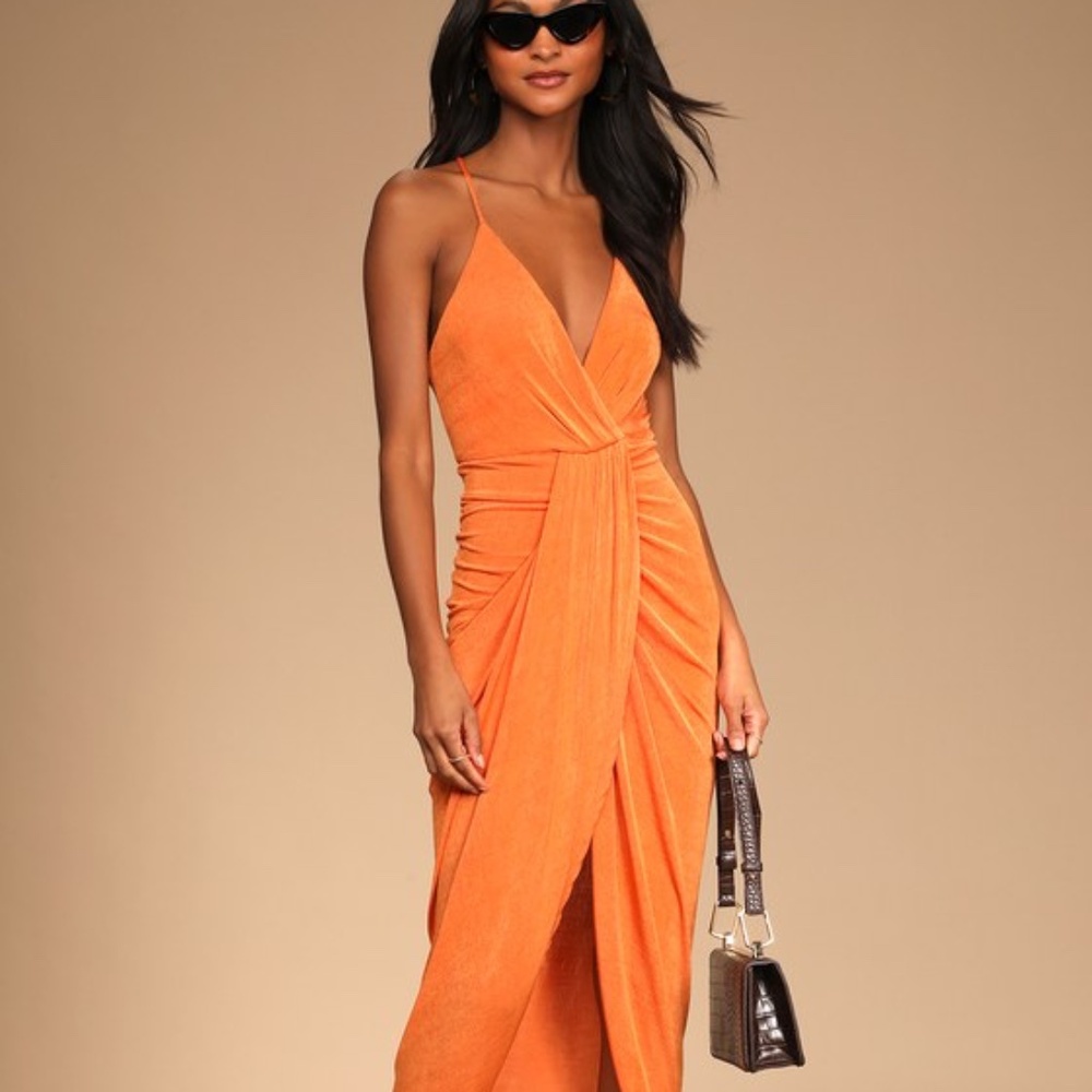 NWT Lulus Dreamy Date Orange Surplice Midi Dress - Size XS